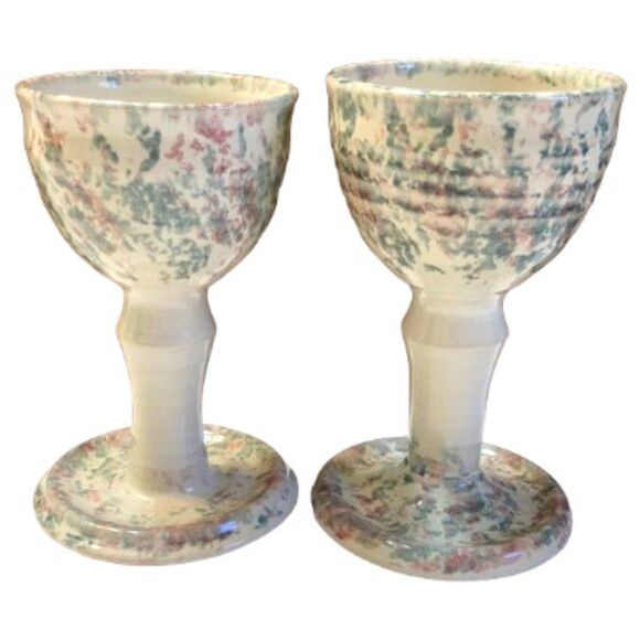 Vintage Artisan‎ Made Studio Pottery Speckled Pastel Pair of Goblets Drinkware - Picture 1 of 7